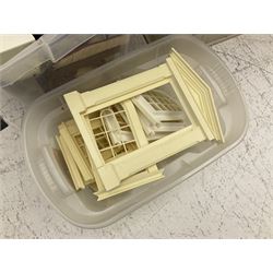 Georgian style paper lined wooden dolls house, three storey with wooden and plastic accessories and window fixtures, H90cm, W96cm, D52cm