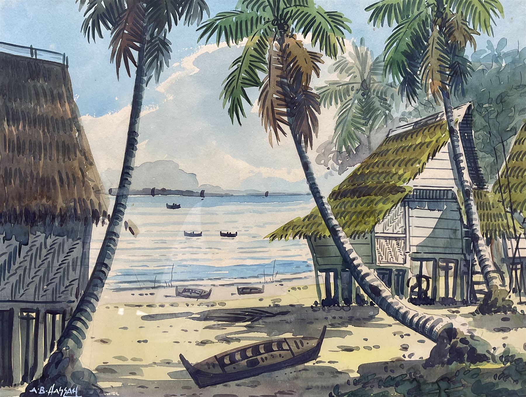 A B Hassan (Malaysian 20th Century): Beach Huts, watercolour signed 27cm x 37cm 