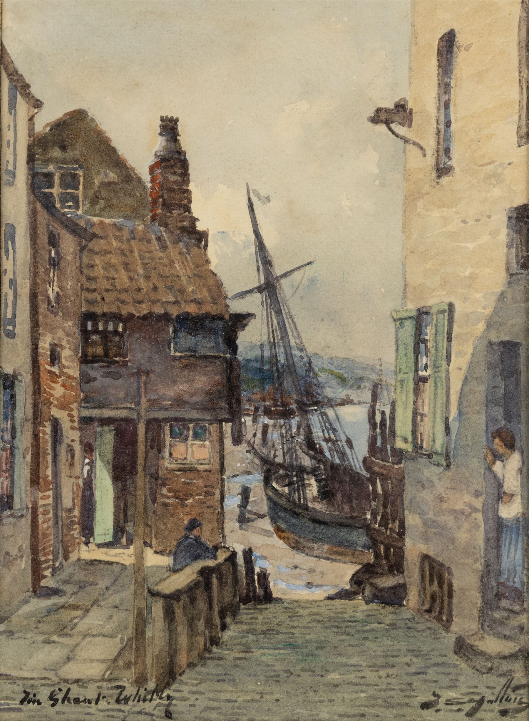 Thomas Swift Hutton (British 1860-1935): 'Tin Ghaut - Whitby', George Percy Bankart (British 1866-1929): ‘River Esk at Whitby’, Edith F Hillier (British 19th/20th Century): ‘The Market Place – Whitby'; together with other Whitby related watercolours variously signed and titled max 36.5cm x 26.5cm (6)