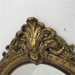 Large Rococo style oval gilt framed bevelled edged mirror, acanthus carved scrolling pediment, W104cm, H153cm