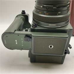 Zenza Bronica ETRS camera body, safari edition, serial no. 7100811, with 'Zenza Bronica Zenzanon EII 1:2.8 f=75mm' lens, serial no. 7908591, film magazine back, safari, serial no. 8100564, AE-ii metering head, safari, serial no. 617024, etc, all in leather case
