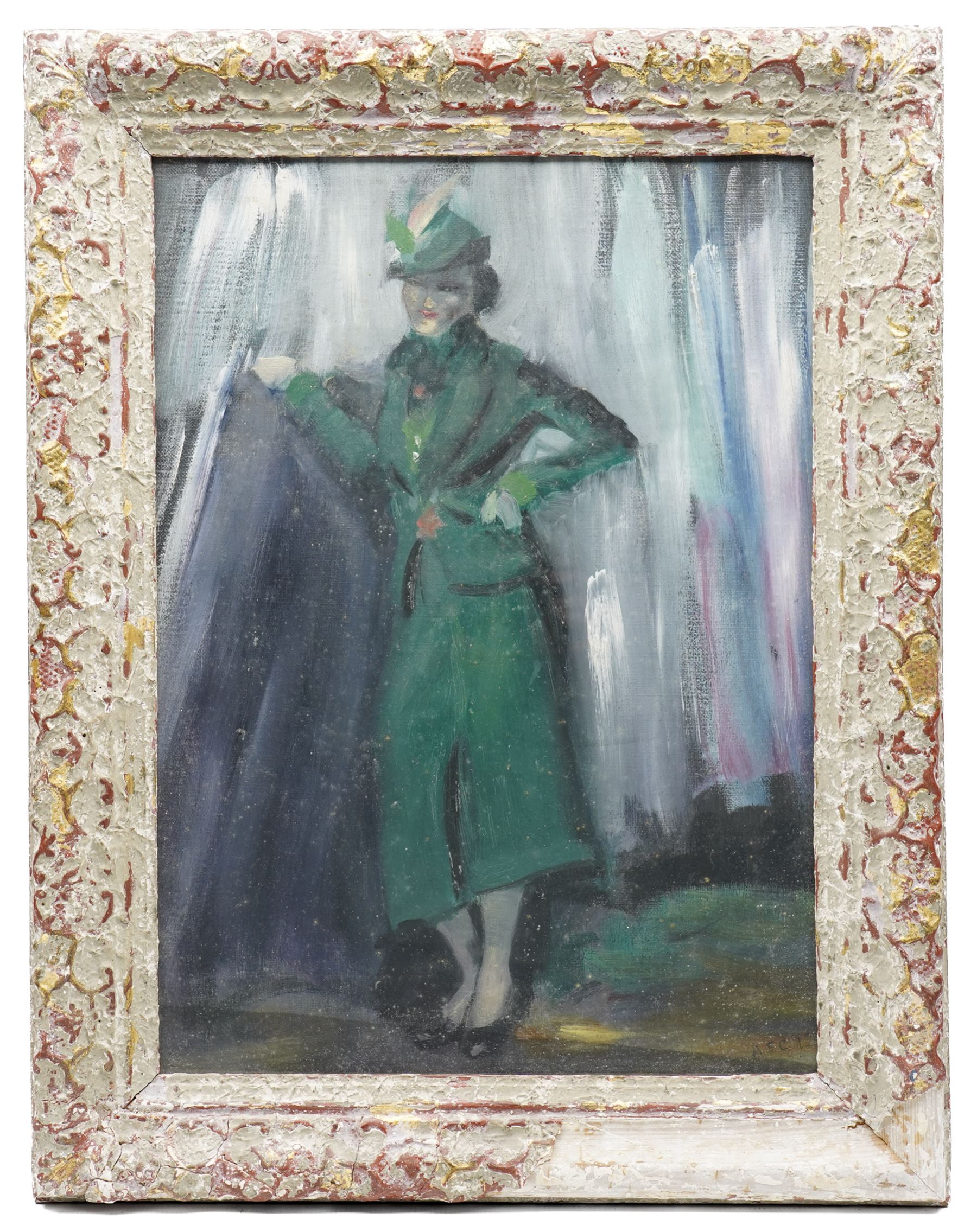 AFC Lamont (Scottish Early 20th century): Portrait of a Lady in a Green Dress and 'the New Hat', oil on canvas laid onto board signed, titled verso 52cm x 37cm