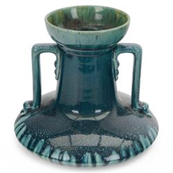 Linthorpe twin handled vase, in green and blue trailing glaze, impressed marks beneath, H22cm 