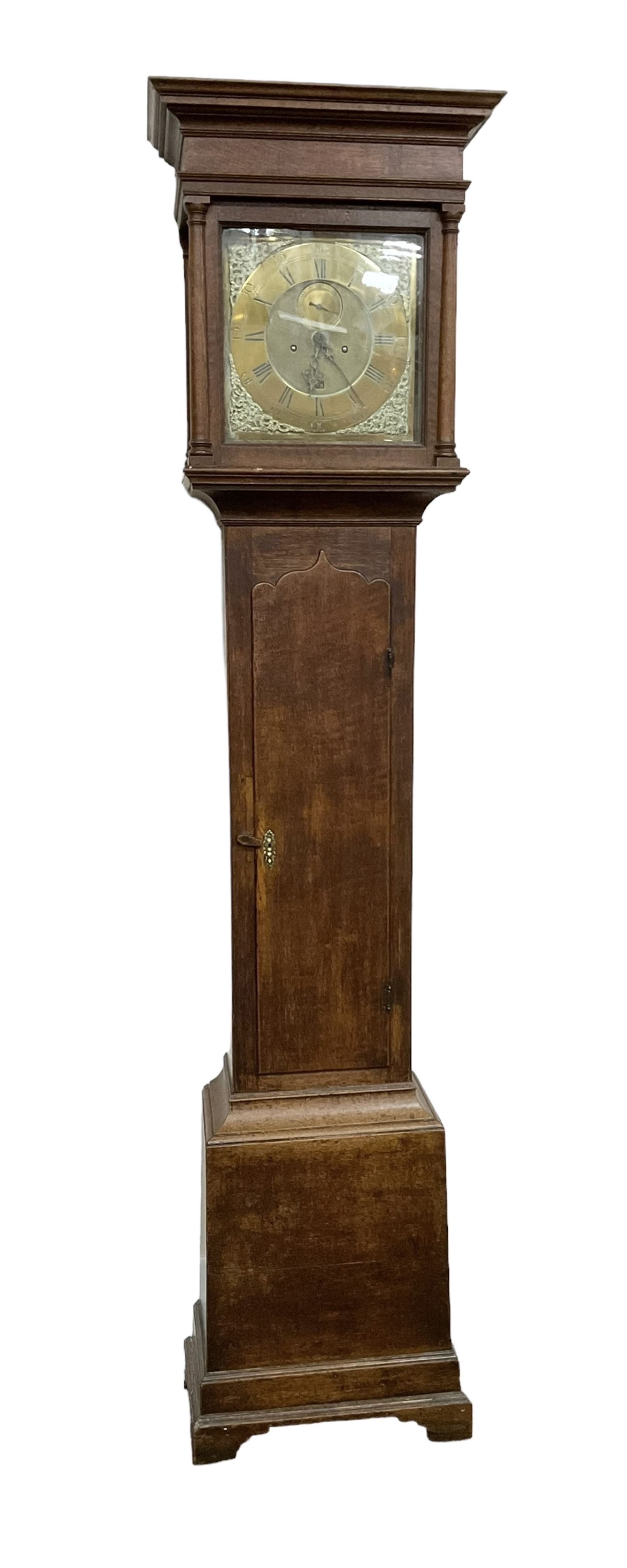 John Agar of York - late 18th century oak eight day longcase clock, with a flat topped pediment and broad frieze beneath, square hood door with attached pilasters, long rectangular trunk with a wavy topped door on a long plinth with a stepped base, brass dial with a matted centre and cast spandrels, chapter ring with makers name, Roman numerals and five minute Arabics, sunken seconds dial, square date aperture and
original matching steel hands, dial pinned directly to an eight day rack striking movement, striking the hours on a bell. With weights and pendulum.
John Agar (1) was a highly prolific York clockmaker during the 18th and early 19th century producing many fine longcase and bracket clocks from his workshop in Castlegate York. 