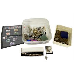 9ct gold flower pendant, silver fob and a collection of costume jewellery, stamps and coins