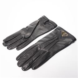 Prada - pair of black lambskin leather gloves, with enamel gold-tone and black triangle lo...