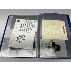 Two folders of over fifty photographs, cards, compliment slips etc of actors, actresses, celebrities, politicians, sports personalities etc, all bearing signatures, including David Frost, Lloyd Grosman, John Suchet, Julia Somerville and othe GMTV presenters, Carol Vorderman, Jackie Collins, Rolf Harris, Timothy Dalton, Pete Postlethwaite, Magnus magnusson, John Major, Kate Moss, Uri Geller, David Beckham, Peter Alliss, Sharon Davies, Kevin Keegan etc