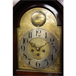  Edwardian mahogany and satinwood banded longcase clock, swan neck pediment, arched glazed door, turned columns with gilt metal capitals, shell inlays, 'Tempus Fugit' engraved brass dial with silvered Arabic chapter ring, triple train Westminster chime movement, chiming the quarters and striking the hours on rods and coil, H200cm  