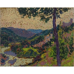  Pointillist Landscape, oil on board by Frank Griffith (British 1889-1979) unsigned, artist's studio stamp verso 33cm x 41cm  