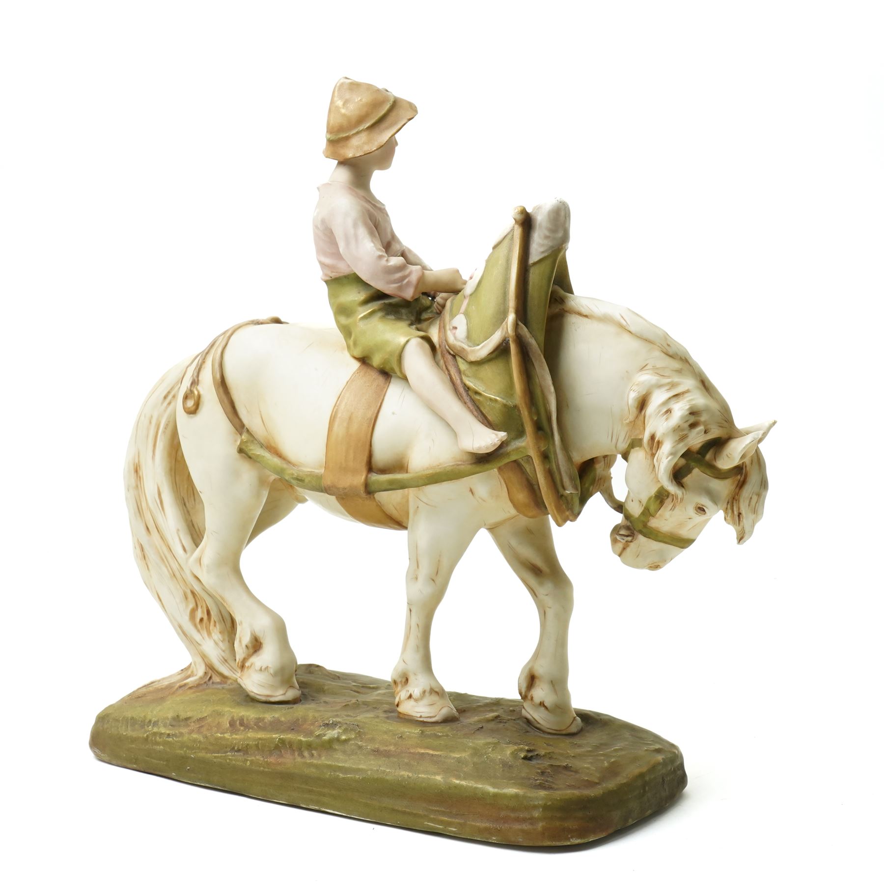 Royal Dux figure of a boy riding a shire horse on naturalistic base model number 1693 L34cm