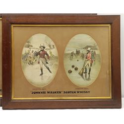 After Tom Browne (British 1870-1910): 'Coaching Shooting Hunting Skating and Curling 1820' - Johnnie Walker Scotch Whisky, two early 20th century 'Striding Man' lithographic advertisements 43cm x 75cm and 38cm x 52cm (2)