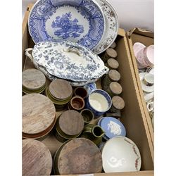 Assorted ceramics, to include 19th century blue and white mug, two Spode Blue Room plates, small group of Wegwood blue Jasperware, small group of Hornsea pottery, various teawares, etc., in two boxes
