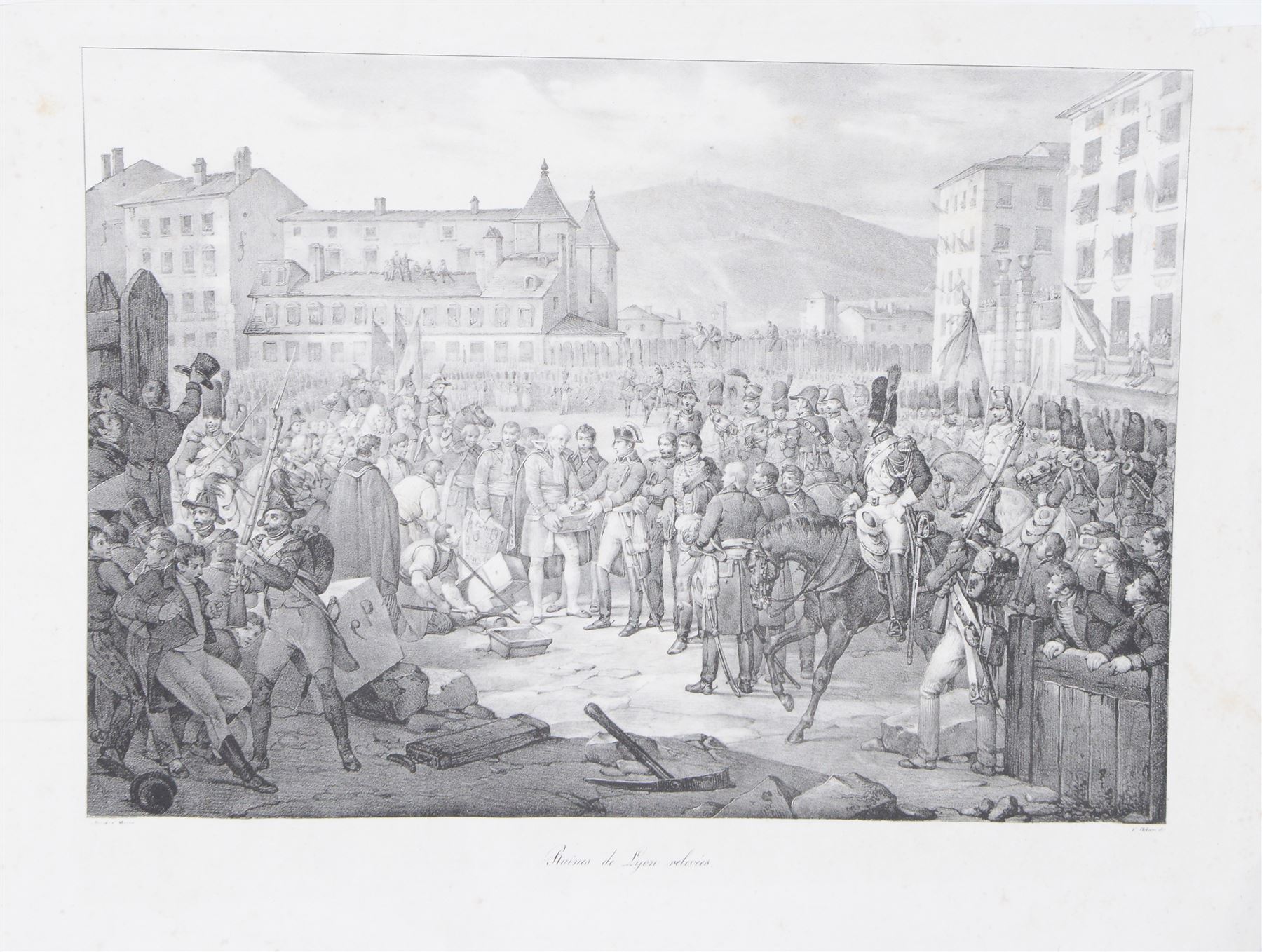 Two 19th Century engravings, depicting Napoleon meeting the Italian forces march, 1812  and Napoleon in Lyon, 1789, H40cm
