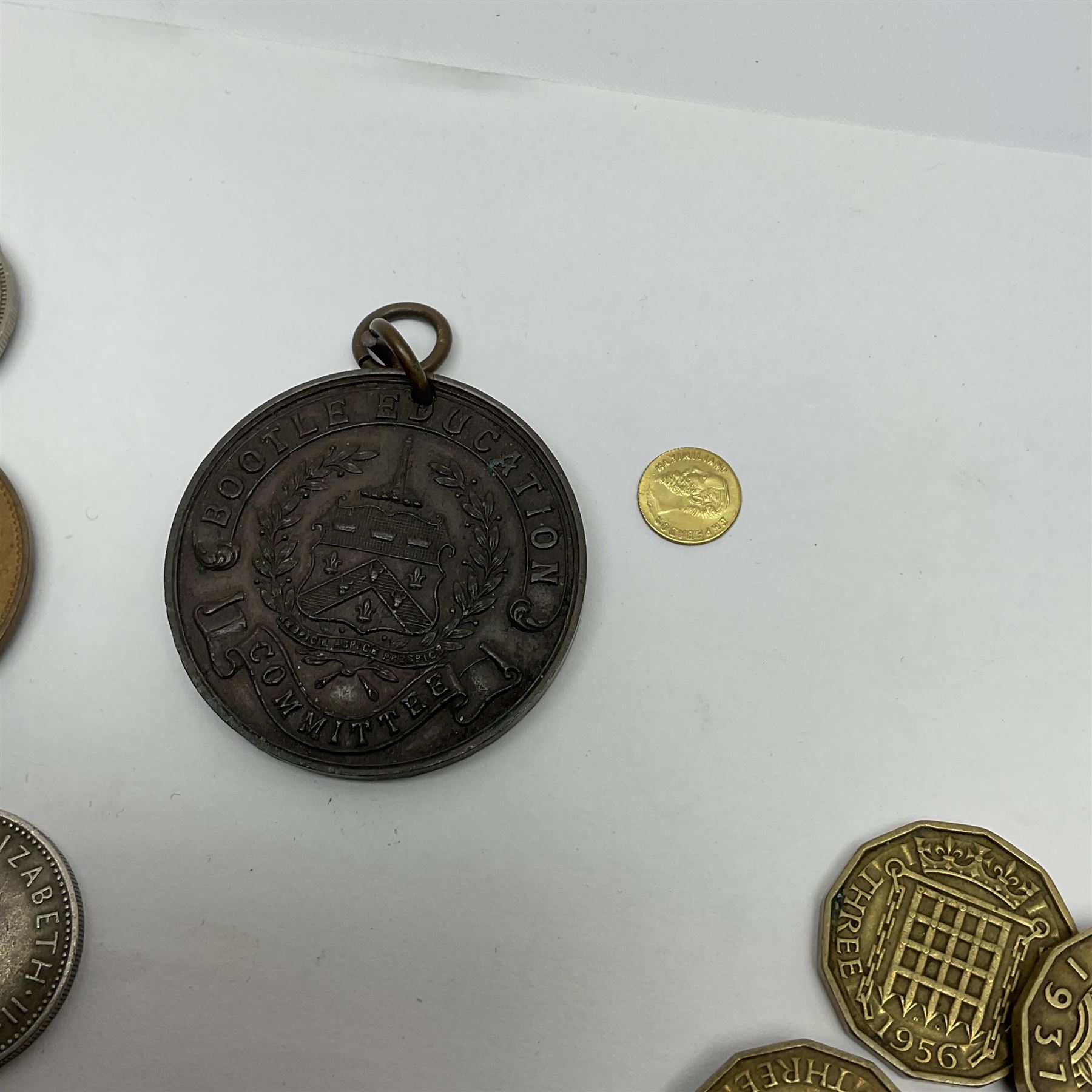 Coins including United States of America 1858 half dime, Bootle Education Committee regular attendance award to 'Florence Prince 1912', various Great British pre-decimal coins etc