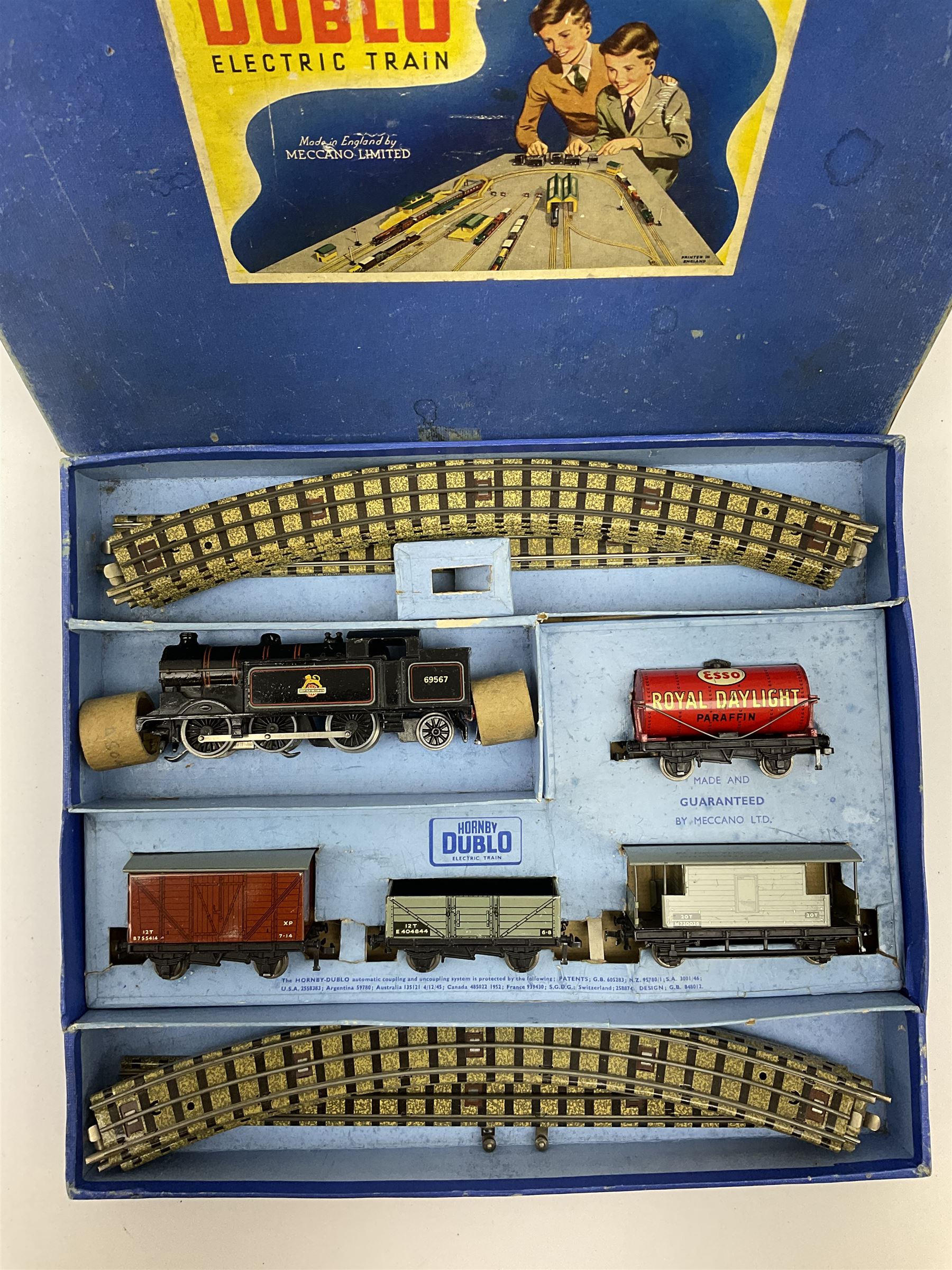 Hornby Dublo - three-rail EDG17 Tank Goods Train set with BR black 0-6-2 Tank locomotive No.69567, three items of rolling stock and brake van, quantity of straight and curved track, boxed.