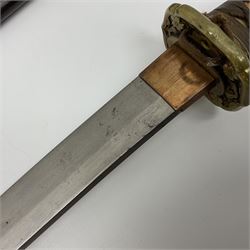 WW2 Japanese Army officer's shin gunto/katana sword with 68.5cm steel single edged blade, foliate cast brass tsuba, bound fish-skin grip with brass mounts, inscribed marks to both sides of tang; in lacquered wooden scabbard with brass mounts and locking button L97cm overall