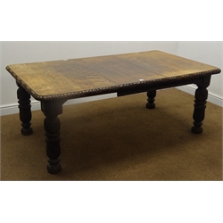  19th century oak extending dining table with leaf, heavily carved turned supports, W179cm, H70cm, D106cm  