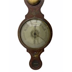 A mid-19th century five dial mercury wheel barometer in a mahogany veneered case with painted decoration and satinwood stringing to the edge,
Swan-neck pediment and rounded base, recessed hygrometer with a circular silvered dial engraved “dry” “damp” with a brass bezel and convex glass, removable arched thermometer box with a mercury thermometer and brass thermometer bolt, hinged brass clock bezel (movement and dial missing), silvered ten-inch register engraved with weather predictions in Roman upper and lower case and Gothic script, barometric air pressure from twenty eight to thirty one inches in hundredths of an inch, steel indicator hand and brass recording hand, with a cast brass bezel and concave glass, level bubble recessed within a silvered plate engraved “Warranted Correct”.
Height 110cm 
