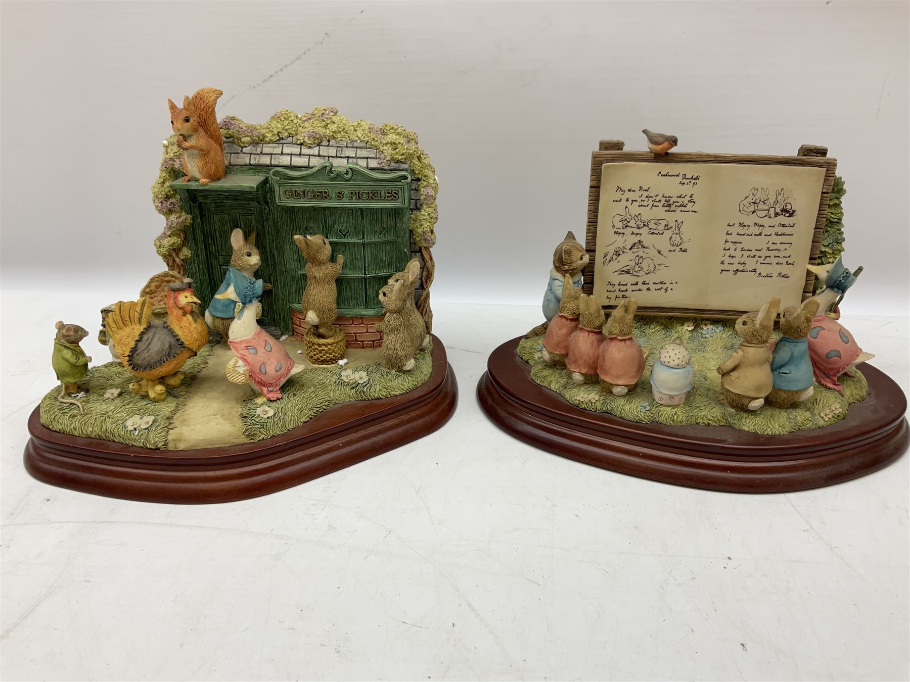 Border Fine Arts Beatrix Potter figures, to include Tableau no. 669814, The Tale of Ginger and Pickles no.A0460, Peter Rabbit in the Garden 739499, Mr Jeremy Fisher A0621, Tabitha Twitchit Brushing Kittens A0625, many with original boxes  