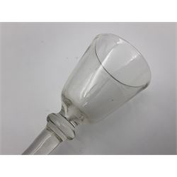 18th century wine glass, the trumpet shaped bowl upon tear drop stem and conical folded foot, H15.5cm, together with an 18th century cordial glass, the round funnel bowl on plain knopped stem and folded conical foot