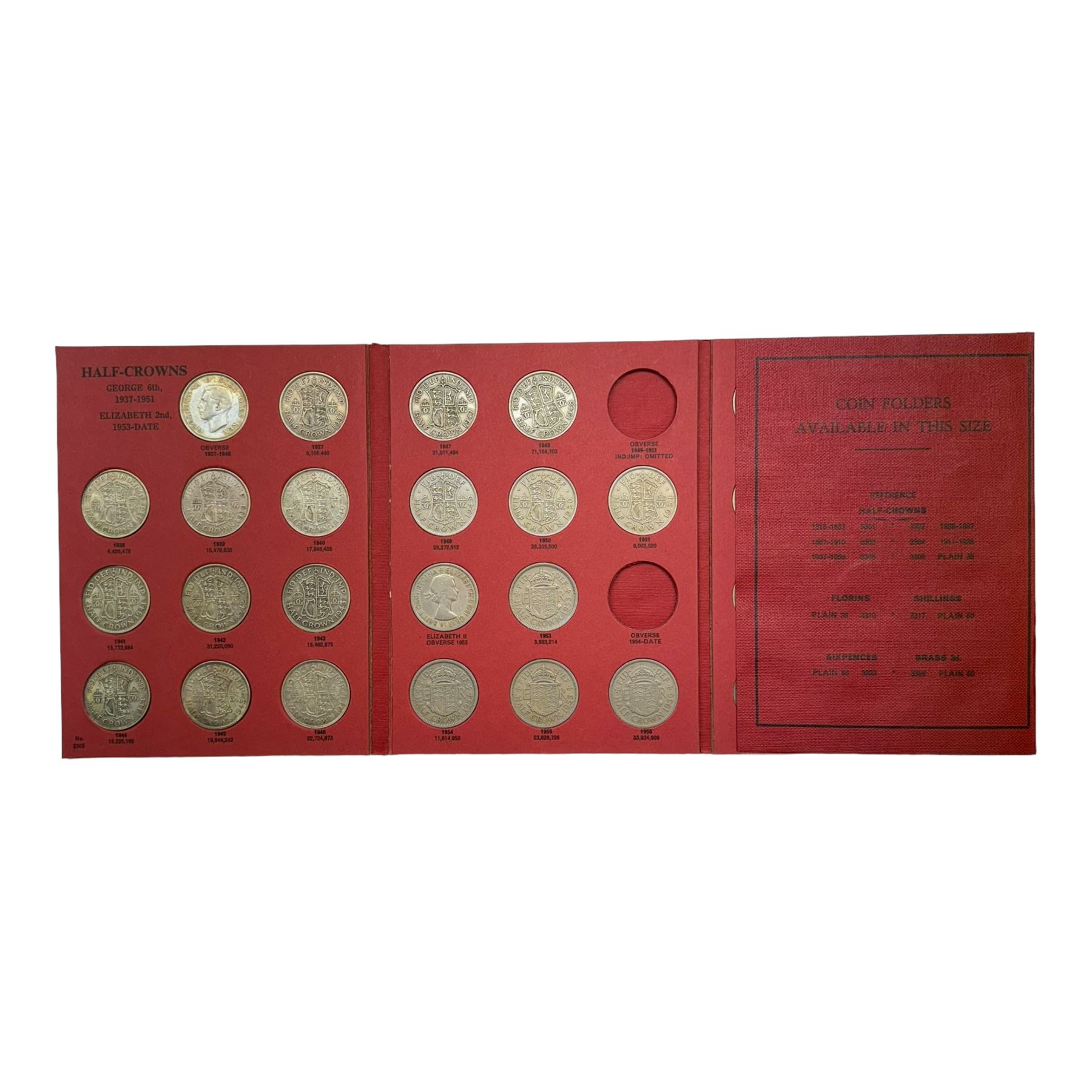 Great British coins in three Whitman and six NEGLA coin folders, including run of 1911 to 1946 halfcrown coins, Queen Victoria 1872, 1873, 1878, 1887, 1889, 1892, 1894, 1895, 1896, 1898, 1899, 1900 and 1901 one shilling, various other pre 1947 silver sixpences and one shillings, Queen Elizabeth II sixpences etc