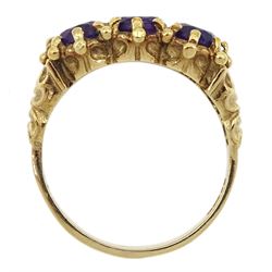 9ct gold three stone amethyst ring with scroll design gallery, London 1980