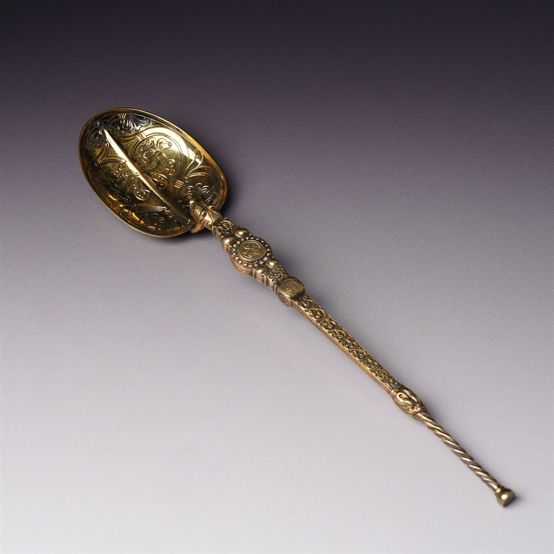 George III silver pap boat with gilded interior London 1799 and a silver gilt copy of the Coronation spoon, cased L25cm London 1936 Maker Wakely & Wheeler