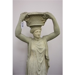  Large 'Norman and Raymond of London'  style composite garden statue of a Roman goddess, standing supporting a flower basket, on octagonal pedestal, H130cm  