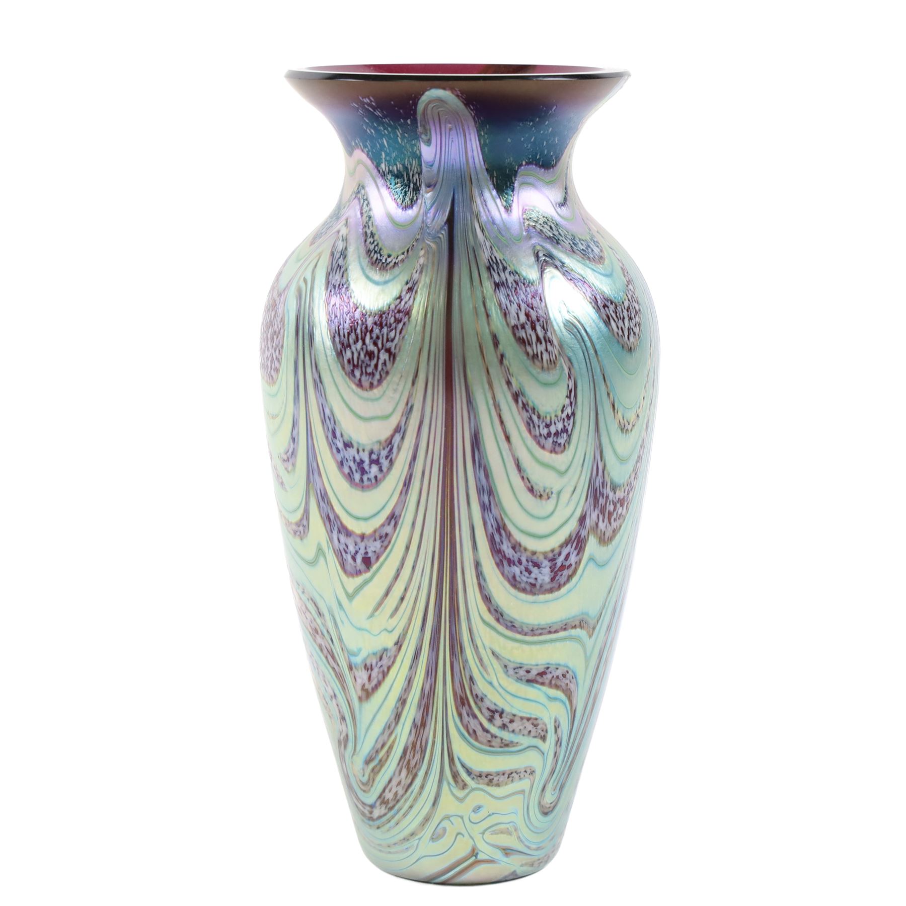 Okra scent bottle, of squat form with marbled blue iridescent design, together with Okra vase, dish and another similar art glass vase, scent bottle H12cm