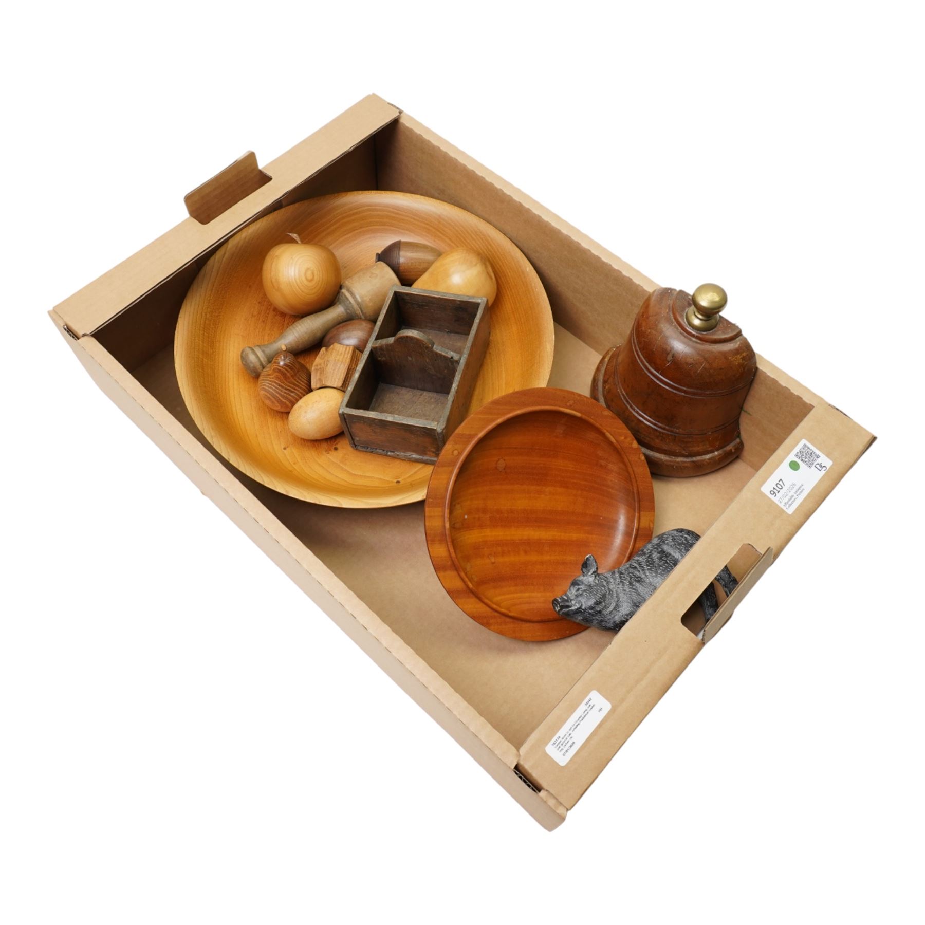 Doorstop in the form of a bell, Rabbitman napkin ring, turned wooden bowls including satinwood, and a primitive two section oak tray