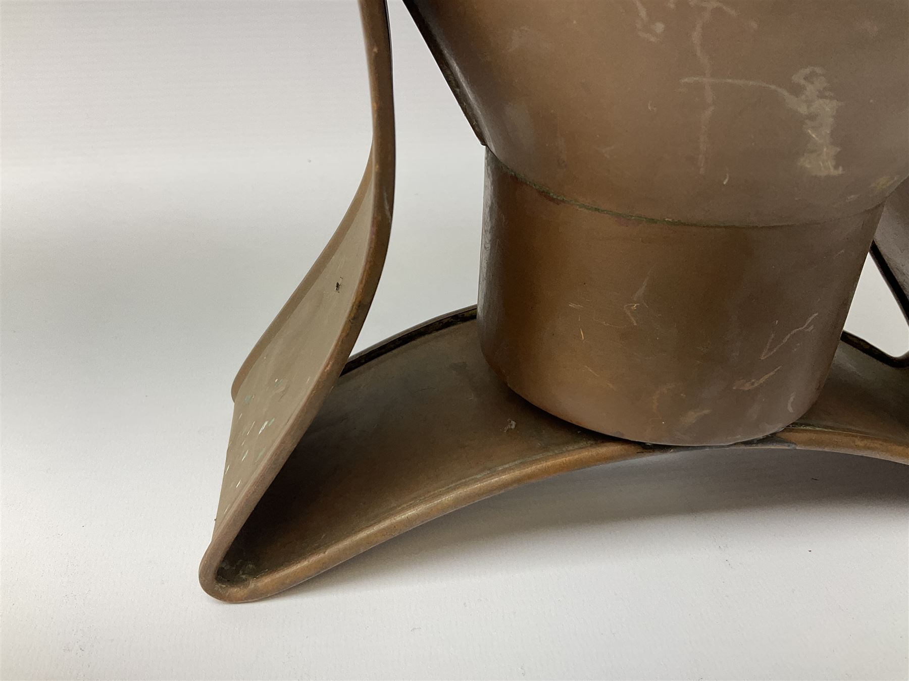 Agricultural copper corn funnel, H32.5cm, another similar copper funnel and copper warming platter of oval form, with twin handles on four supports, with removeable warming plate, L49cm