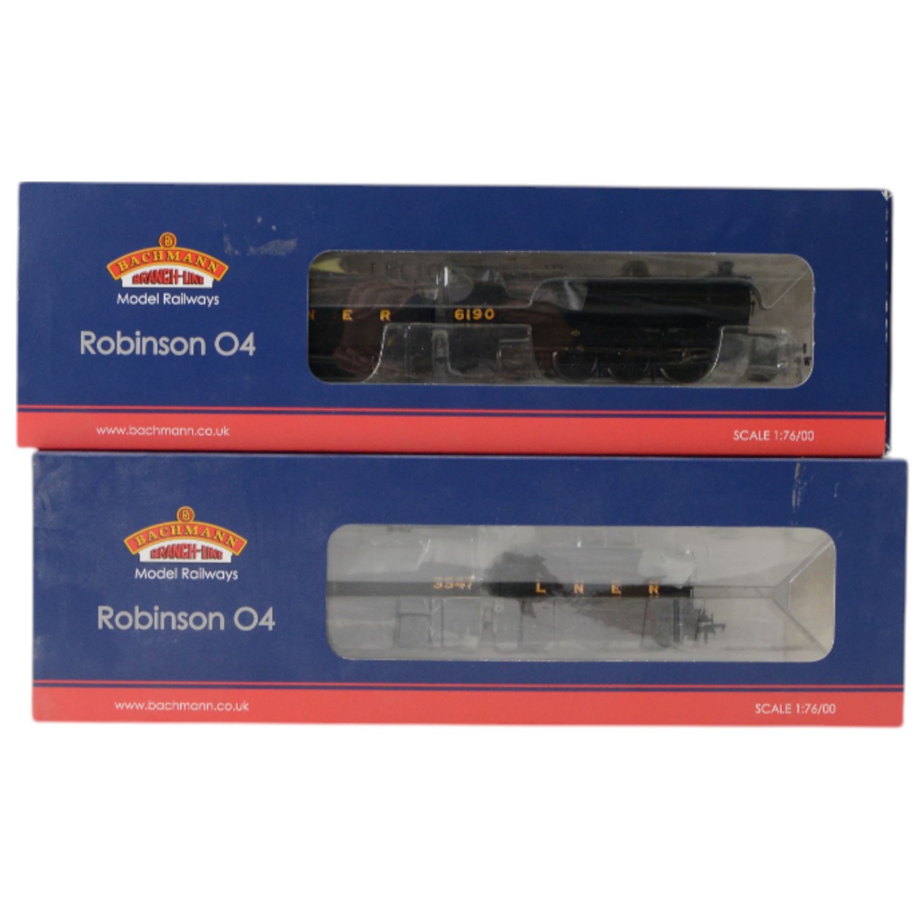 Two Bachmann 00 gauge locomotives, comprising 31005 Robinson O4 class locomotive and tender no.3457 in LNER black and 31003 Robinson O4 class locomotive and tender no. 6190 in LNER black, both boxed