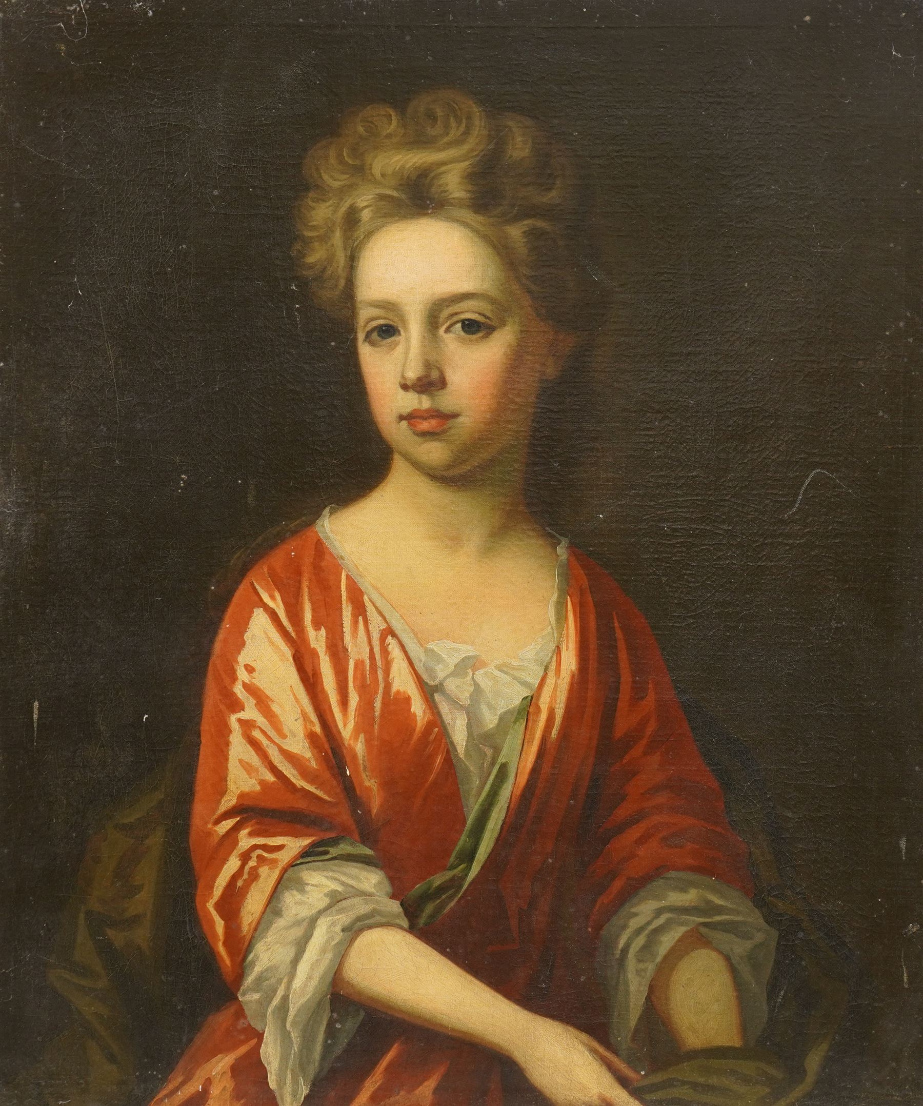 Follower of Sir Godfrey Kneller (German/British 1646-1723): Portrait of a Girl Wearing a Satin Pink Dress, 18th century oil on canvas unsigned 73cm x 61cm, housed in heavy gilt foliate moulded frame, overall 95cm x 83cm