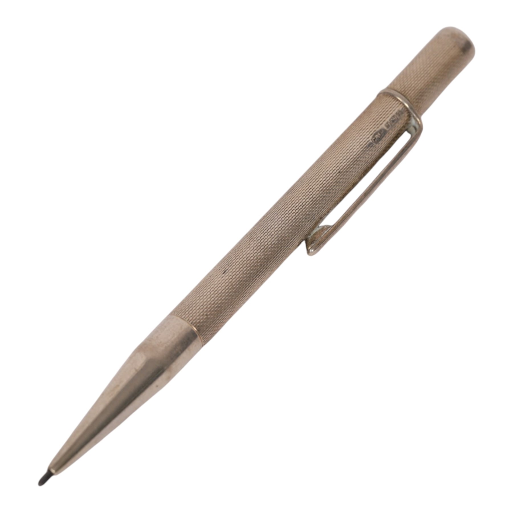 Silver propelling pencil and tooth pick, both with engine turned decoration, hallmarked