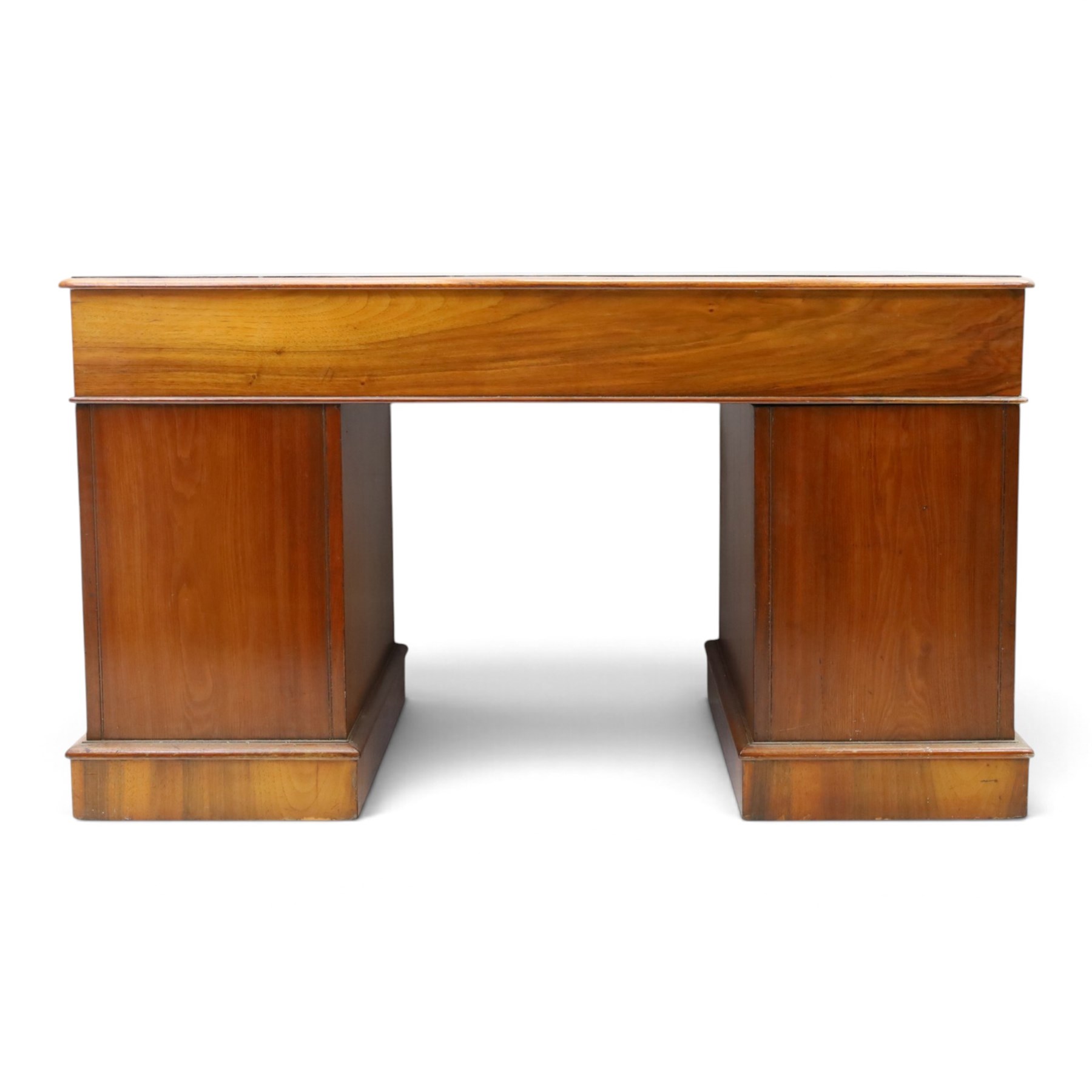 19th century burr walnut twin pedestal desk, rectangular top inset tooled green leather insert with moulded edge, frieze with three drawers with turned wooden pulls, raised on pedestal bases, containing three graduated drawers raised on plinth bases with castors