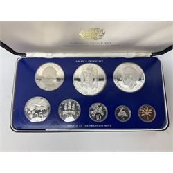 Jamaica 1975 eight coin proof set produced by the Franklin Mint and a Jamaica 1978 sterling silver proof twenty-five dollar coin, both cased with certificates