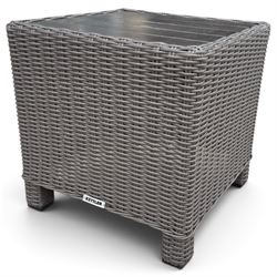 Kettler - Palma rattan garden lounge suite, comprising modular corner sofa (DIM) with slatted and rattan garden table on end supports (DIM), and three stools (DIM), with loose seat cushions
