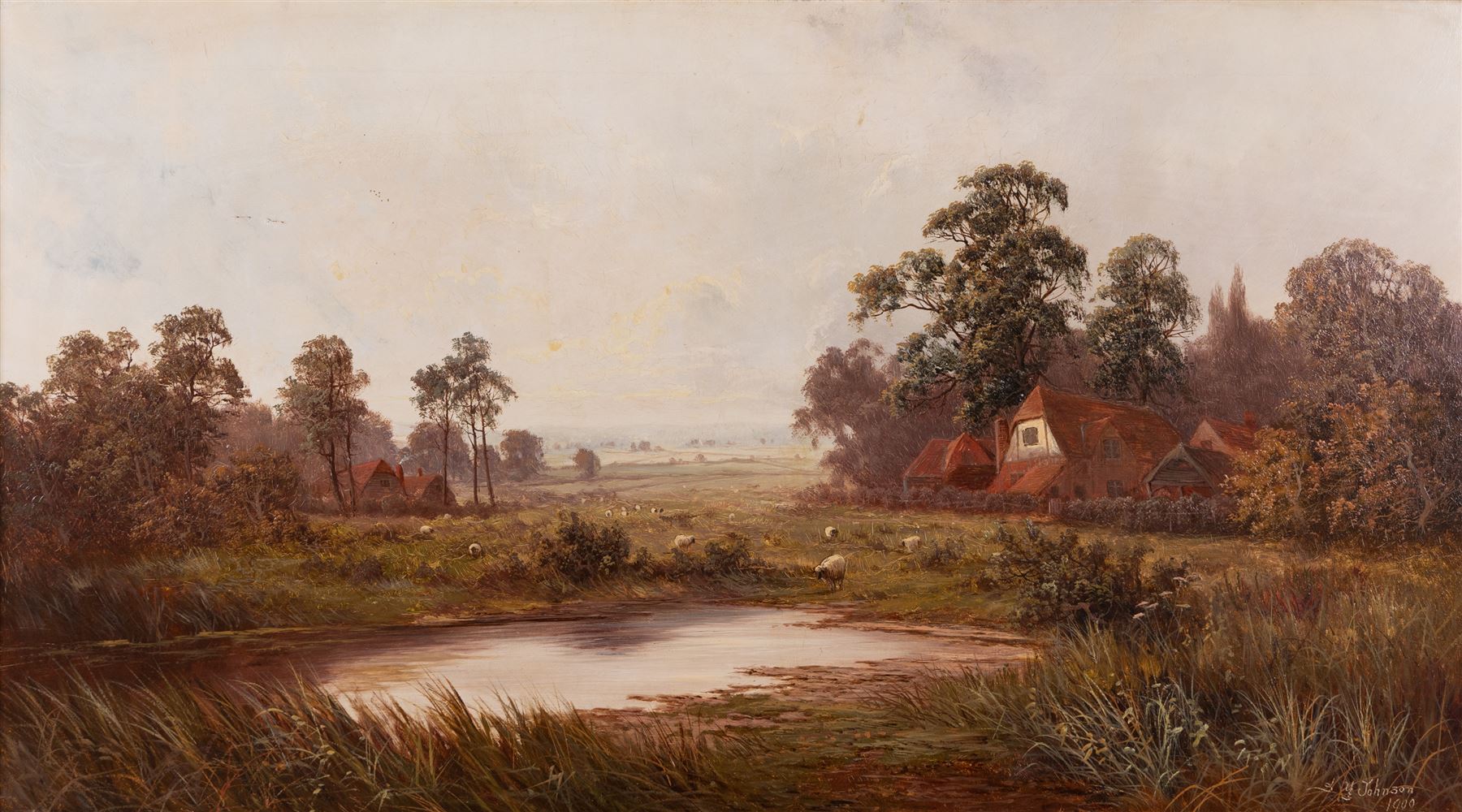 Sidney Yates Johnson (British fl.1890-1926): Farm Pastures at Dusk, oil on canvas signed and dated 1900, 44cm x 80cm
