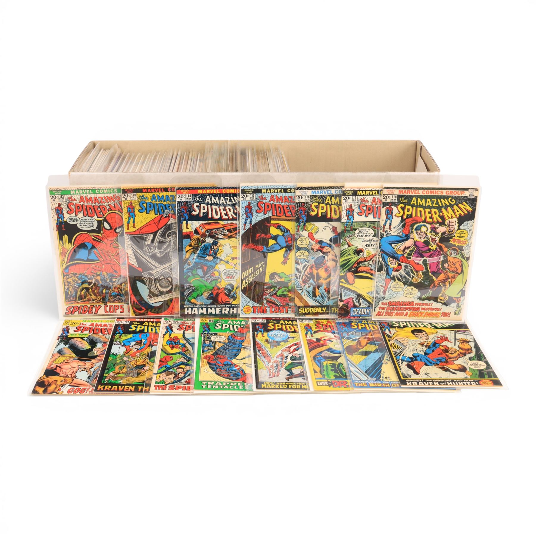 Collection of Bronze Age and later 'The Amazing Spider-Man' comic books, spanning years 1971-1988, comprising issues #103-#105, #107-#118, #125-#128, #130-#144, #146-#162, #165-#168, #171 and an incomplete run between #181 and #300, some annuals and duplicates 