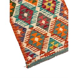 Chobi Kilim multi-coloured geometric design runner (154cm x 61cm); and a similar small mat (45cm x 51cm)