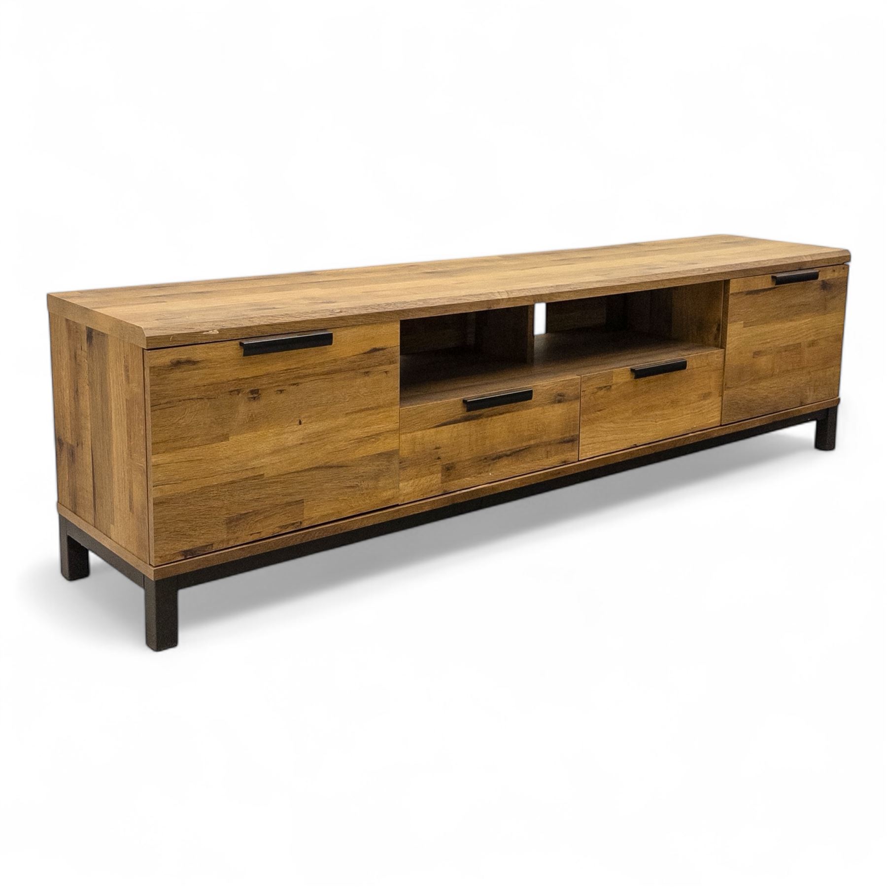 Pair of contemporary media sideboards, oak effect construction with inset handles, comprising two drawers and an open shelf flanked by cupboard doors, on metal supports (2)