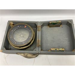  WWII period Type P10 aircraft compass, 16.5cm diameter brass rim marked “Type P10” and “No 1130B”, spring mounted onto brass base with Air Ministry plate marked “Crown A.M. No 6A.1671”; in original grey painted wooden box