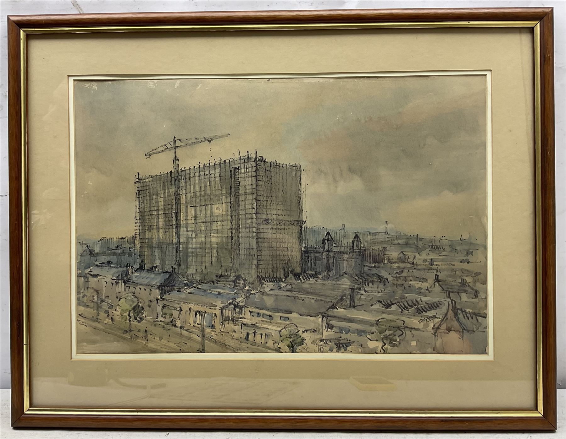 Norman Denman (Northern British 20th century): Hull Royal Infirmary under Construction, watercolour and felt pen signed, inscribed verso 33cm x 49cm