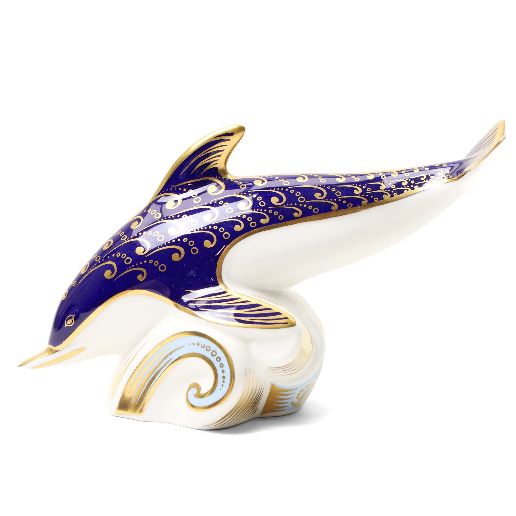 Moorcroft 'Wind of Change' pattern vase H13cm, boxed, Royal Crown Derby 'Striped Dolphin' limited edition paperweight 1166/1500, boxed and with certificate and another Dolphin paperweight, boxed and both with gold stoppers (3)  