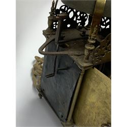 Brass lantern clock, raised strapped bell with final above pierced and dolphin engraved frets, the engraved dial decorated with foliage and signed 'Richard Breckells de Holmes Fecit', Roman chapter ring decorated with fleur-de-lus motifs