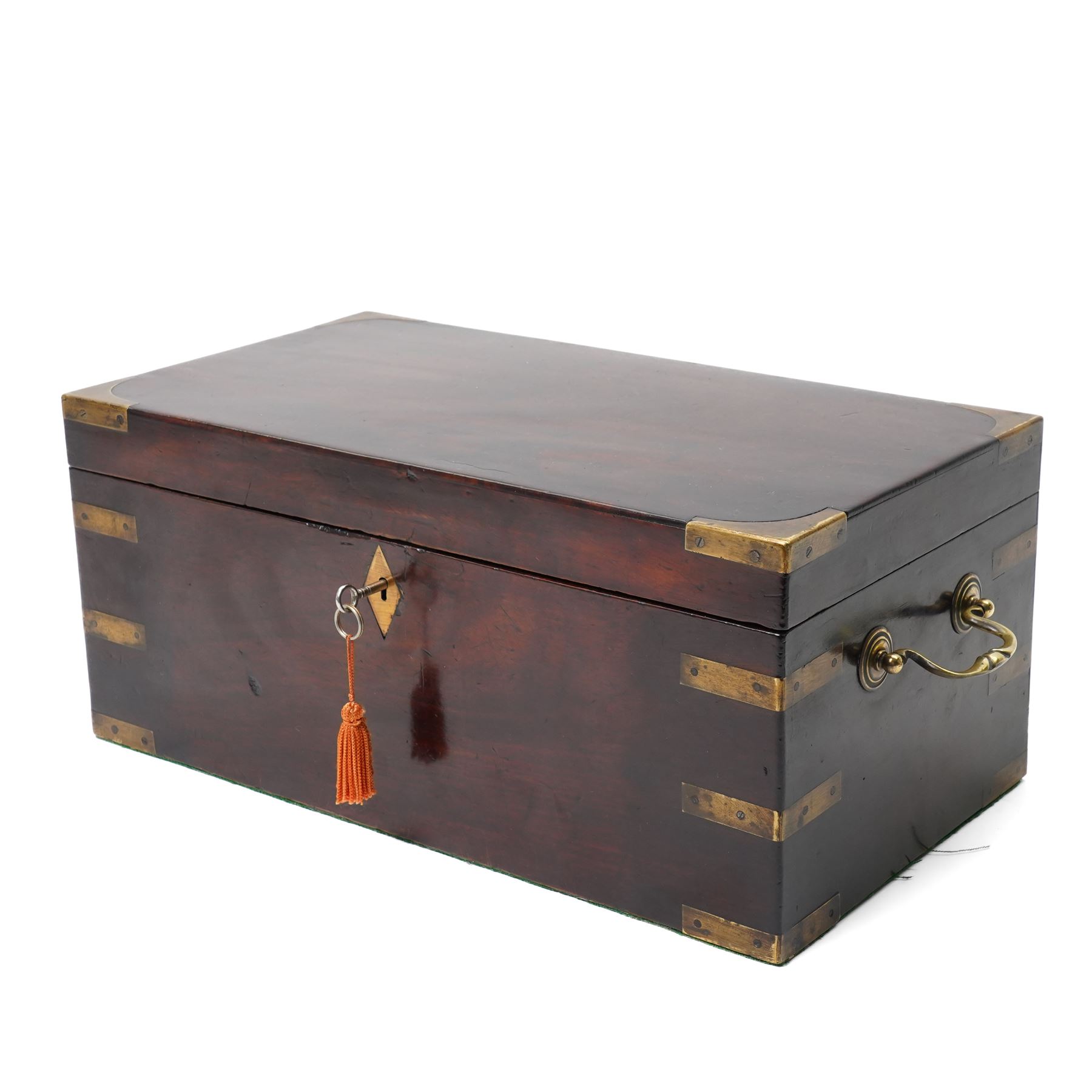 19th century brass bound mahogany tea caddy with three compartments, twin carrying handles, with key