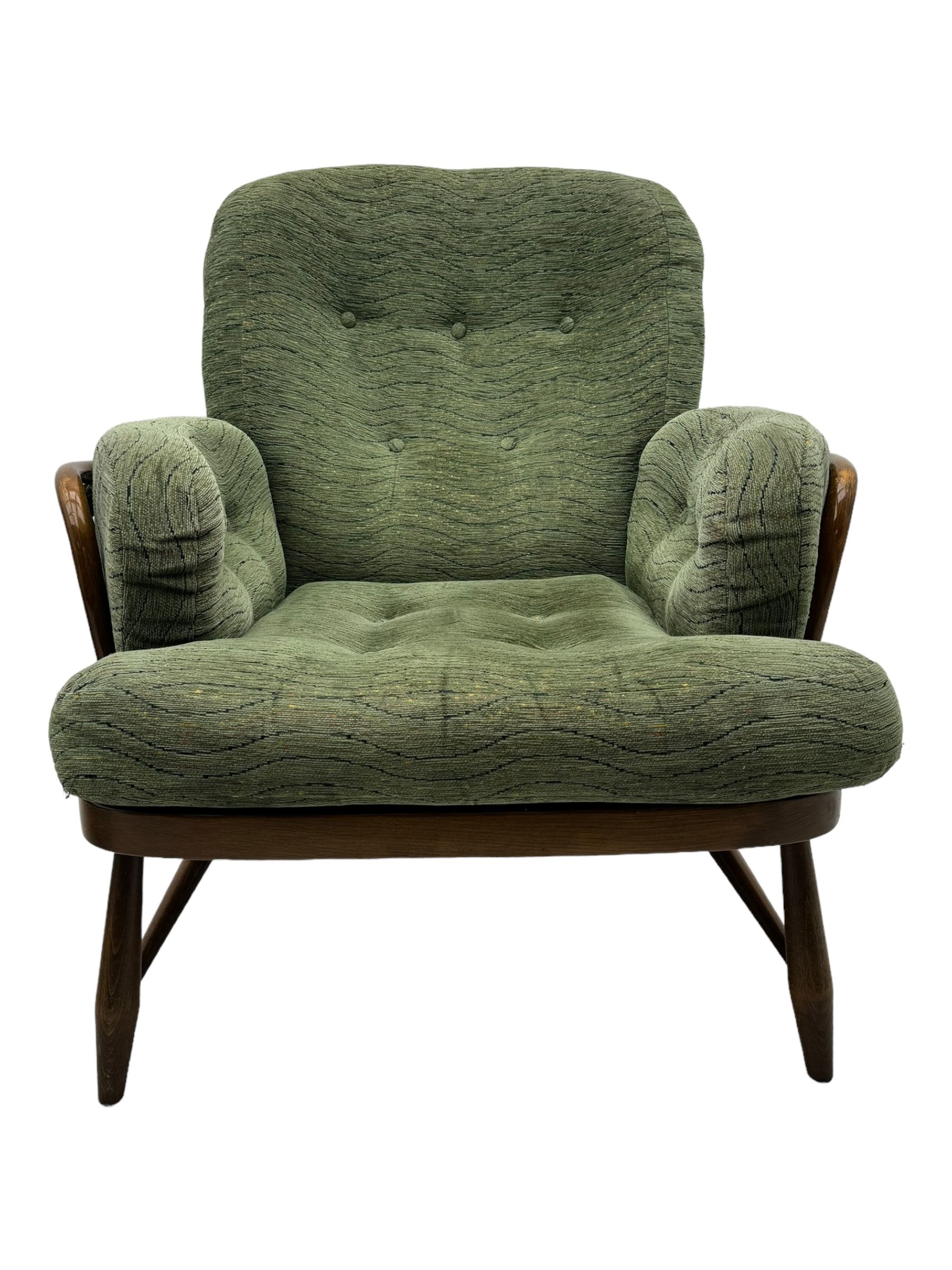 Ercol - mid-20th century three-piece suite, comprising two-seater sofa, upholstered in green fabric with teak frame, on splayed supports with stretcher (W142cm, D95cm, H87cm); with matching pair of armchairs (W82cm, D95cm, H87cm)