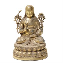 Tibeto-Chinese gilt bronze Buddha or Tsongkhapa figure, H24cm  