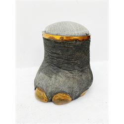 Taxidermy: African Bush Elephant (Loxodonta Africana), footstool with stuffed Elephant skin cushion with copper banding to the upper rim, H35cm