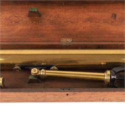 19th century lacquered brass refracting telescope by Bateman & Branches, 104 Strand London, upon a folding tripod with four eyepieces and within a wooden case, telescope L